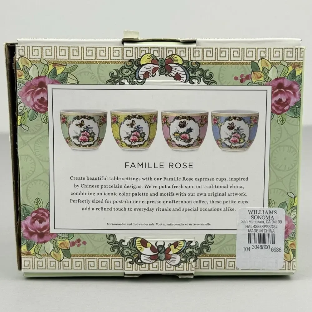 Williams Sonoma Famille Rose Espresso Cups Mixed Set Of 4 Pink Green Floral NIB